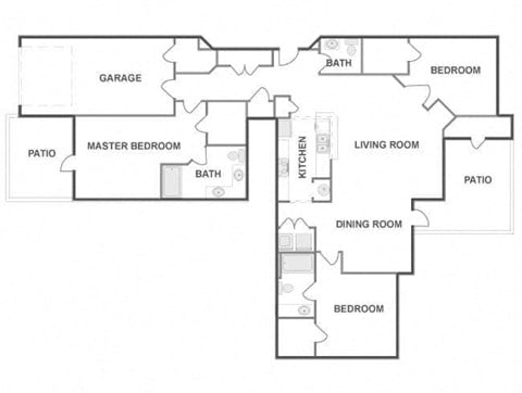 Floor plan for 3 beds, 3 baths, 1619 sqft